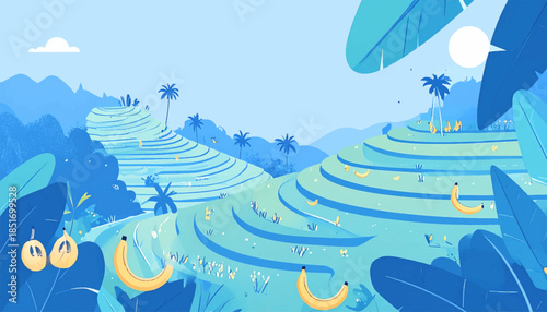 Stylized illustration of a rice terrace landscape, dominated by cool blues and greens, with scattered bananas