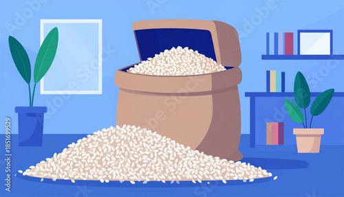 Stylized illustration of a rice sack overflowing, set in a cozy blue room with plants and a shelf
