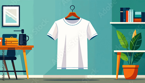 Stylized illustration of a room with a white t-shirt hanging in the center, desk, plant, and teal wall