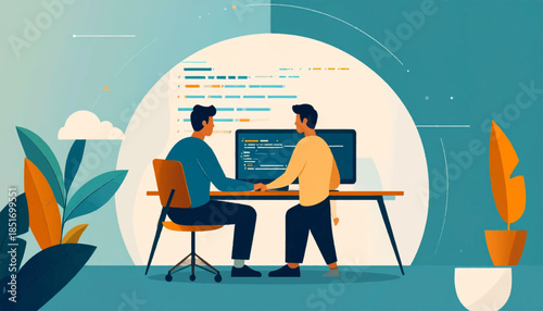 Two figures collaborating on code at a desktop, surrounded by potted plants in an illustration style