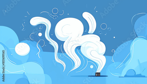 Stylized illustration of smoke rising from a box on a blue background with circles and lines