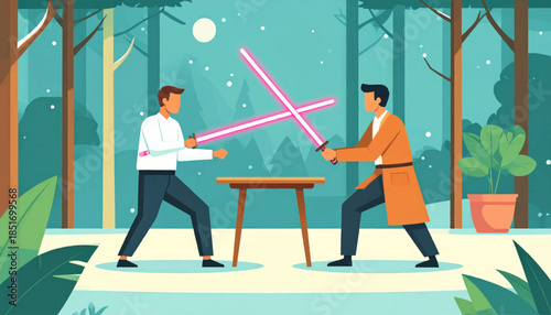 Two figures duel with glowing swords near a table in a forest setting under a full moon, simple vector illustration
