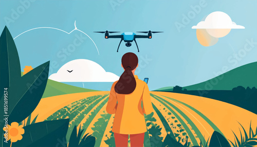 Woman controls drone over a field.  Landscape view with nature
