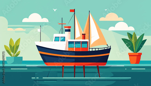 Stylized illustration of a sailboat on water with potted plants and clouds in a simple, bright color scheme