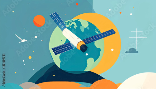 Stylized illustration of a satellite orbiting Earth against a blue background with colorful celestial bodies