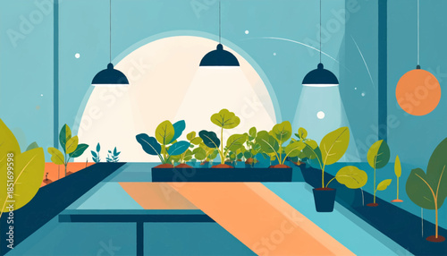 Stylized illustration of a serene indoor garden with plants under hanging lights and abstract shapes