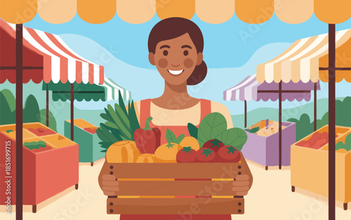 A woman happily selling fresh produce from a wooden crate at an outdoor market