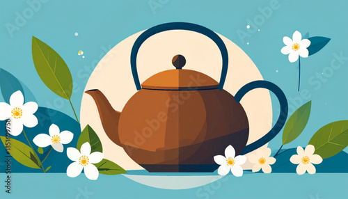 Stylized illustration of teapot surrounded by white flowers and green leaves against a blue background