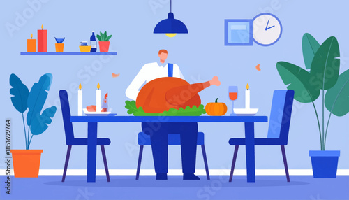 Stylized illustration of Thanksgiving dinner with roasted turkey and attendant in a light blue room
