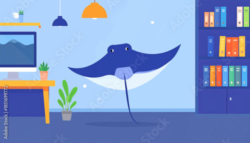 Whimsical cartoon office scene with a manta ray hovering in the center of the room above the blue office floor