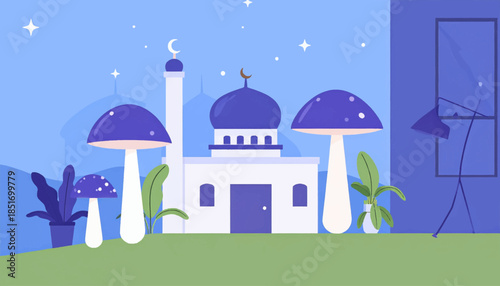 Whimsical cartoon scene mosque, oversized mushrooms, potted plants, indoor lamp, set against blue gradient sky