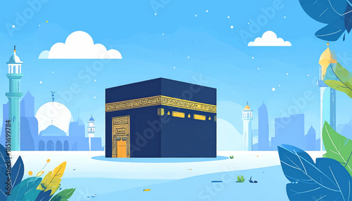 Stylized illustration of the Kaaba with blue city backdrop, white clouds, and vibrant leaves