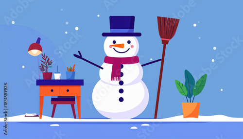 Whimsical, flat illustration of a snowman near a desk, plant, and snowy ground with snow falling from the sky