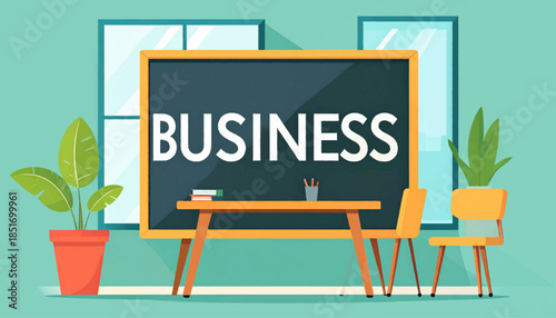 Vector image of an office scene with a chalkboard displaying the word "BUSINESS" in bold, white letters
