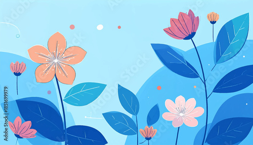 Whimsical floral art featuring peach and pink flowers with blue leaves against a dreamy, light blue backdrop