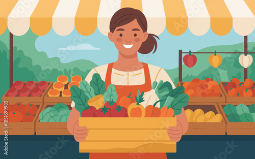 Farmer's market scene with a smiling woman holding a crate of fresh vegetables outdoors under a striped awning.