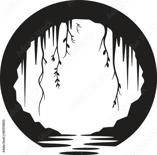 Cave entrance silhouette vector, underground cavern lake icon, dark nature landscape isolated on white background