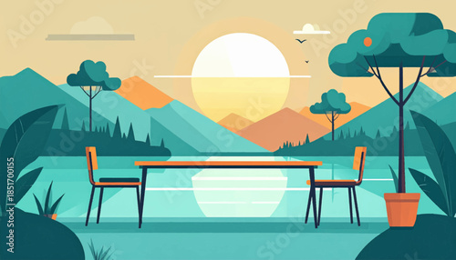 Stylized landscape with table and chairs near water, set against mountains and a large sun