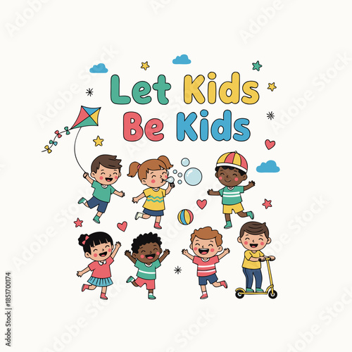 Let Kids Be Kids A Vibrant Illustration of Childhood Joy and Playfulness with a Kite, Bubbles, and Scooters