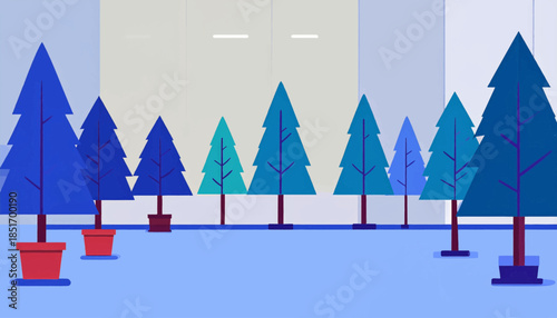 Stylized illustration shows blue and teal trees against a pale background, with red planters