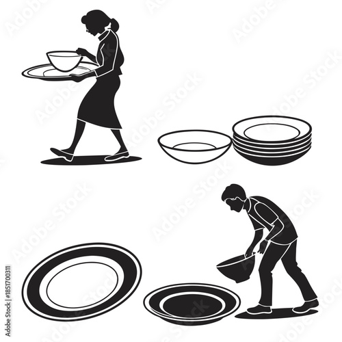 Illustrations of dishwashing process