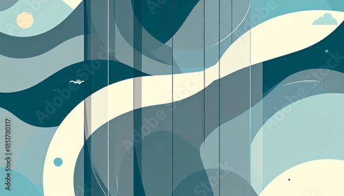 Stylized, layered landscape painting in serene blues and creams, featuring sun, cloud and bird