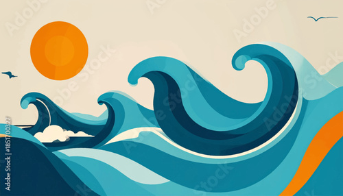 Stylized ocean waves with sun and birds, painted with flat layers of blues and oranges, set against a light tan sky