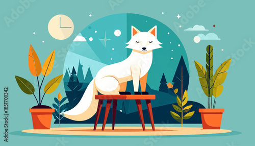 Stylized illustration white fox sits on table. Plants, clock, stars, and trees in the background