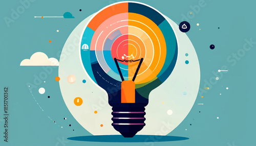 Stylized light bulb with colorful segments set against a muted blue background with whimsical cloud-like elements