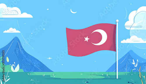 Stylized illustration with a Turkish flag waving against a blue landscape and a crescent moon in the sky