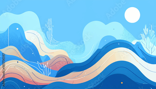 Stylized, light-blue & beige landscape with wavy shapes under a white sun in a lighter blue sky