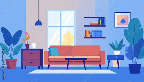 Stylized living room with warm tones; features sofa, plants, shelving and art in a pastel palette