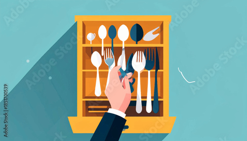 Stylized image of a hand reaching into a yellow silverware drawer against a teal backdrop with shadow detail