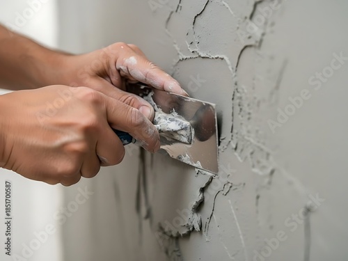 Hands Applying Finishing Plaster to a Wall with a Trowel Tool