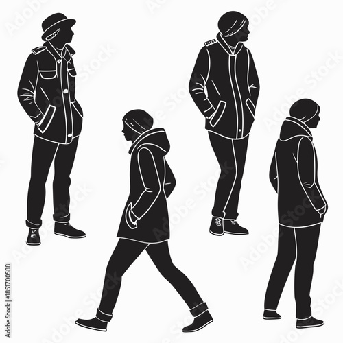 Silhouettes of people in winter clothing