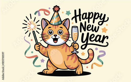 A cartoon cat celebrates New Year's with champagne and sparklers.