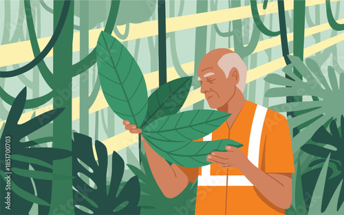 An elderly man inspecting large leaves in a lush greenhouse environment from a close-up viewpoint