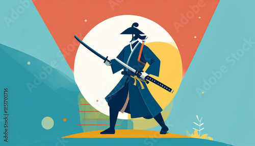 Stylized image of a samurai in a blue coat, holding two swords against an abstract geometric background
