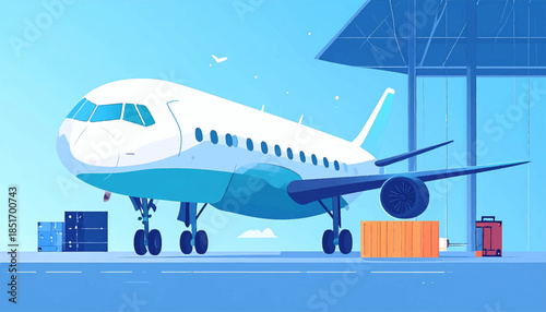 Stylized image of a white and blue airplane parked near a hangar with cargo containers and a blue backdrop
