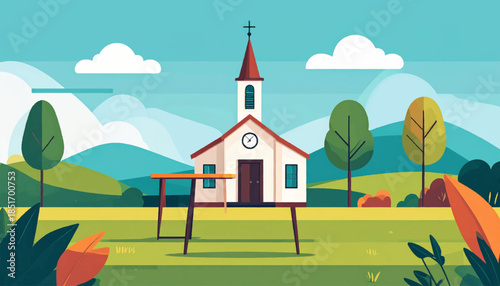 Stylized image of a white church building with a clock, cross, and red roof, set in a green landscape with trees