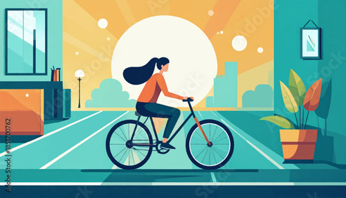 Stylized image of a woman cycling on a blue road against a cityscape with large, setting sun behind her