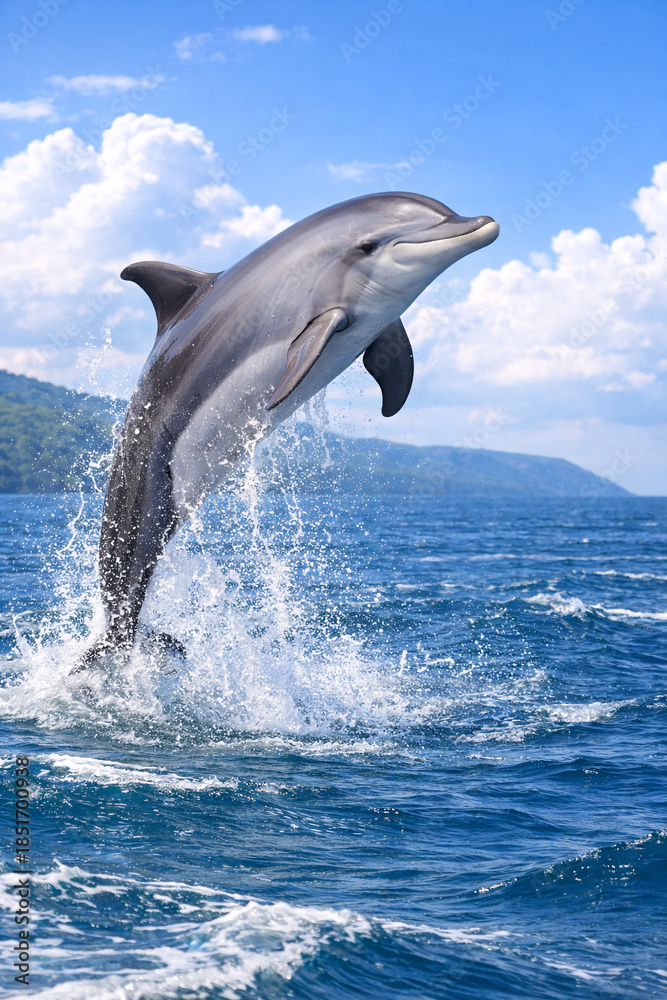 Fototapeta premium Dolphin leaps above sparkling ocean waves