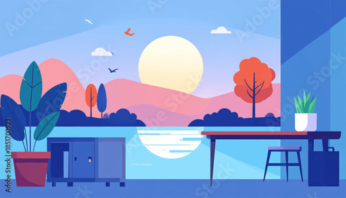 Stylized office scene overlooking a landscape view with a rising sun and geometric shapes & colors