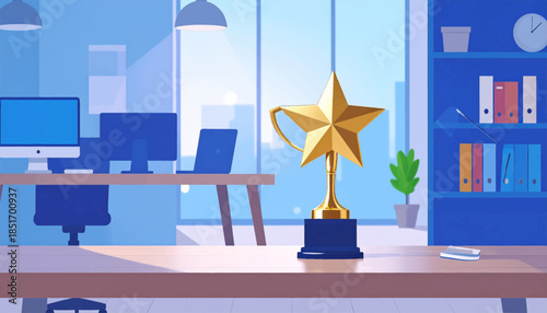 Stylized office scene with a golden star trophy, computers, bookshelf, and a serene, light-filled atmosphere
