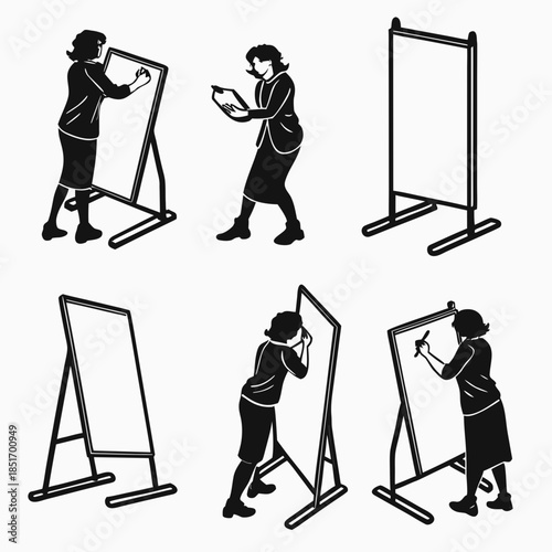 Illustrations of people interacting with easels