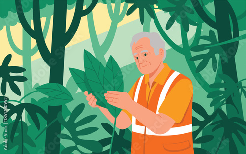 An older man in an orange safety vest examines a large leaf in a dense forest environment.