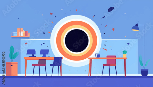 Stylized office scene with desks, plants, computers, and a vibrant circular art piece behind