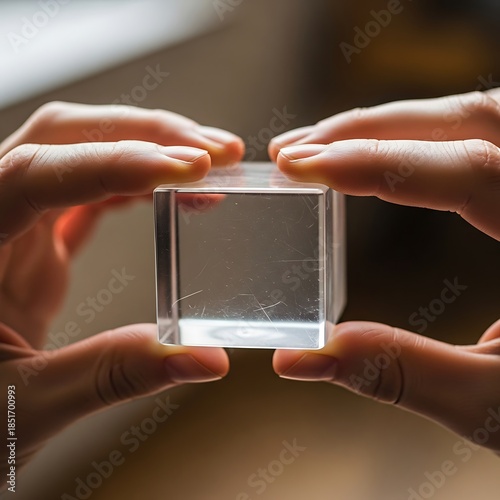 Hands holding a clear acrylic cube, conveying transparency and precision