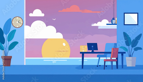 Stylized office space overlooking a sunset over the ocean