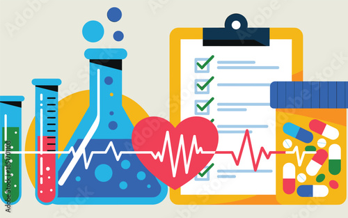 Medical research and health checkup illustration with laboratory equipment and medication